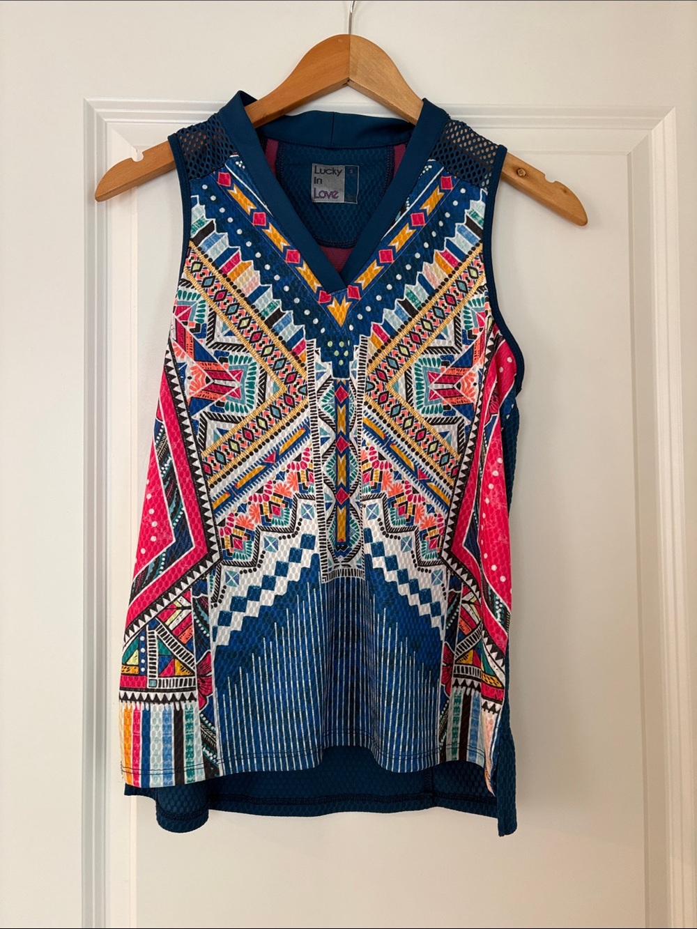 Lucky in Love Navy & Pink Geometric Print Tennis Tank